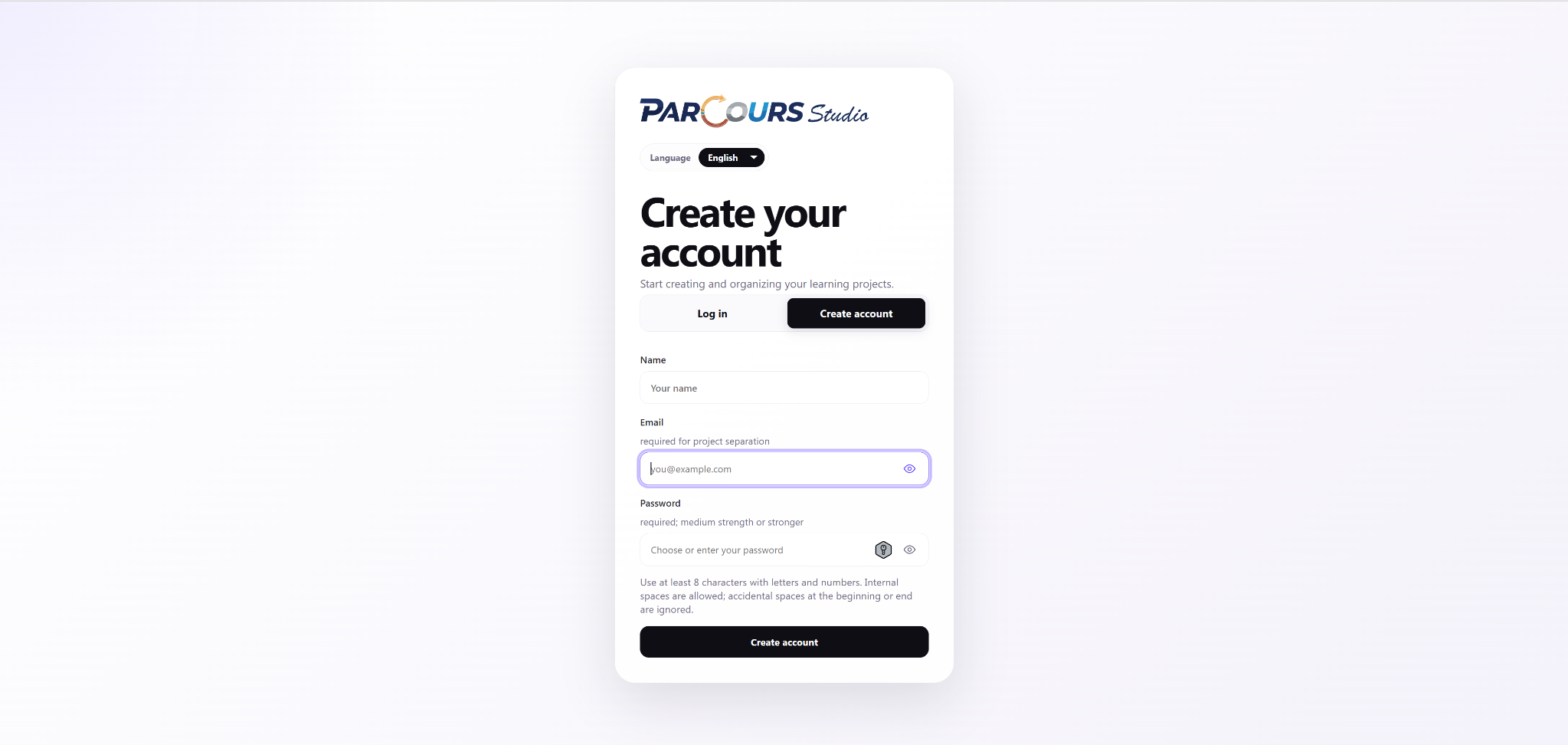 ParCours Studio English account creation screen
