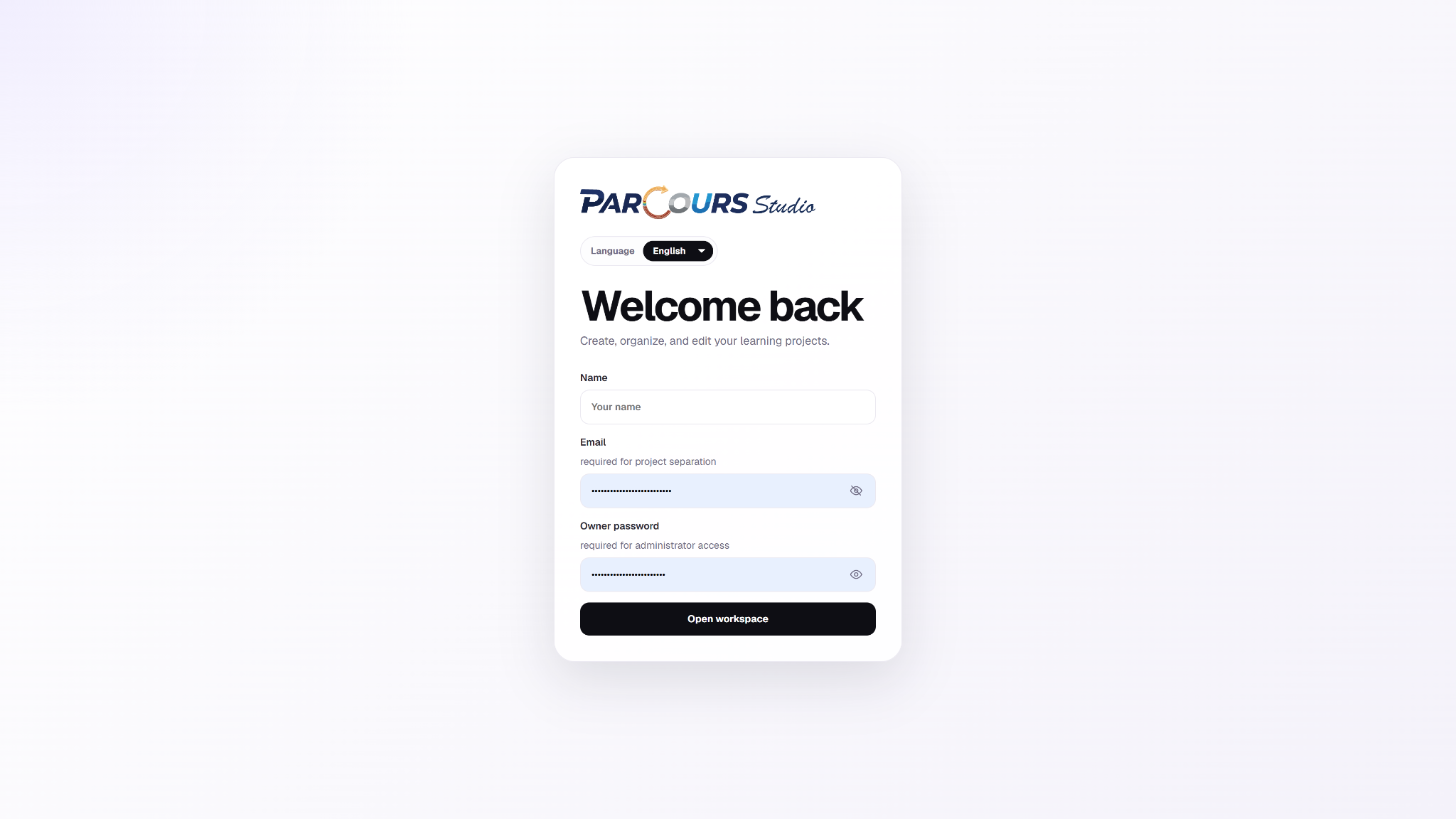 ParCours Studio secure login screen
